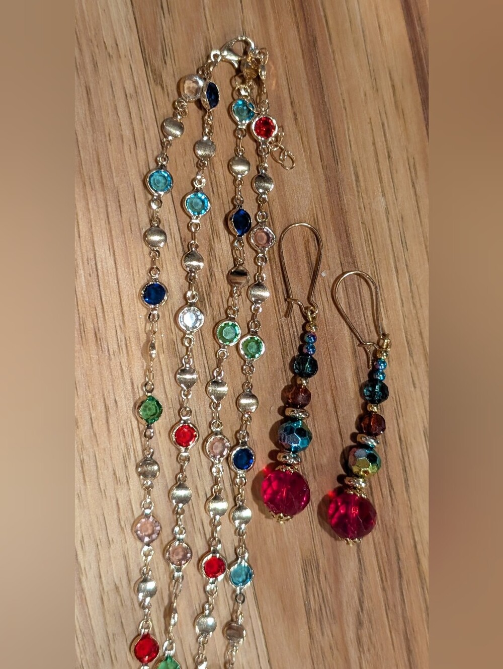 Multicolor Crystal Drop Earrings and Crystal Beaded Necklace Set - Gold Tone